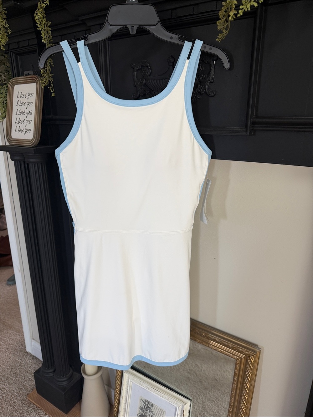Women's White Tank Romper with Light Blue Trim